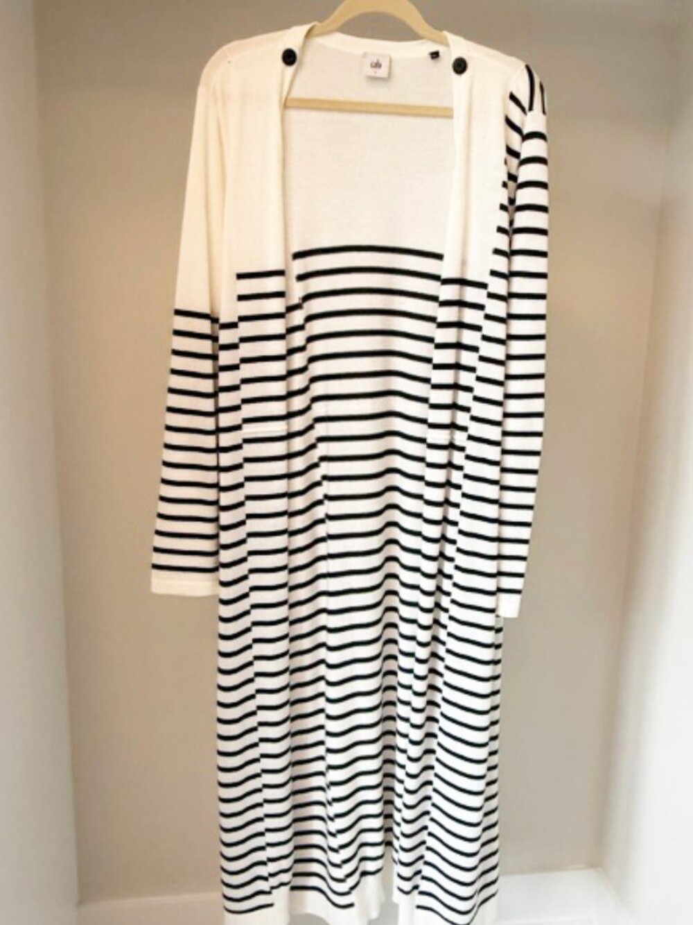 CAbi striped victory sweater duster cardigan, white/navy, Size Large